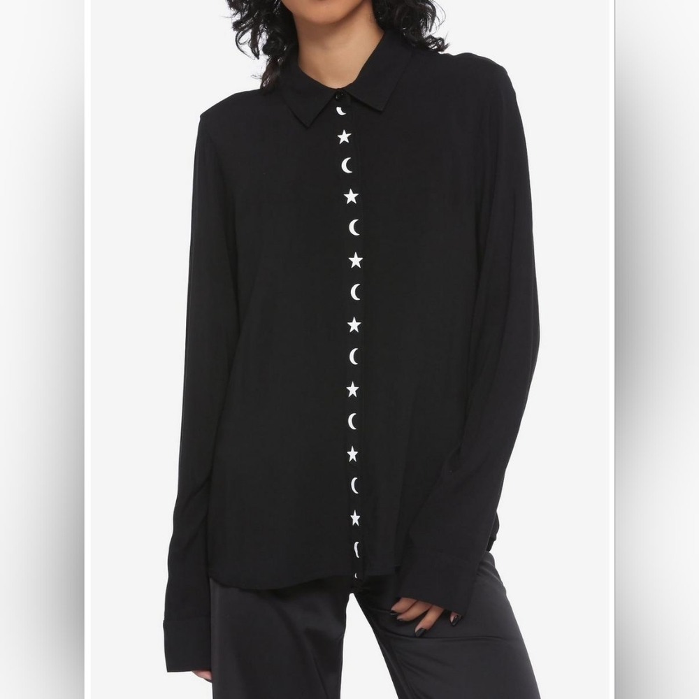 Hot Topic Moon & Star Black Girls Long-Sleeve Button-Up Jr Size Large Like New
